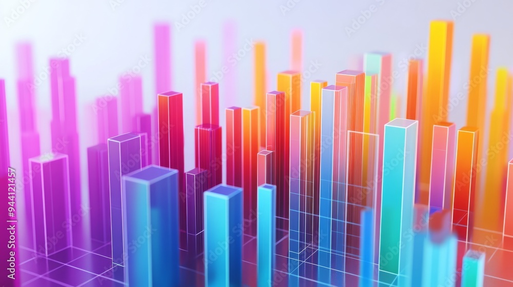 Aufkleber A 3D bar graph displaying financial data with vibrant colors and grid lines, set against a clean white background, highlighting the dynamic representation of financial trends.