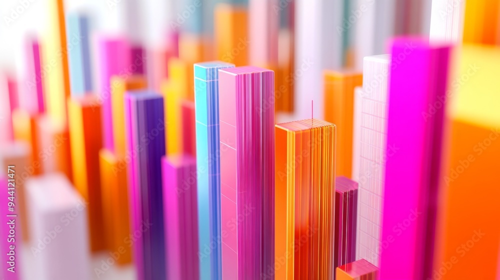 Poster a 3d bar graph displaying financial data with vibrant colors and grid lines, set against a clean whi