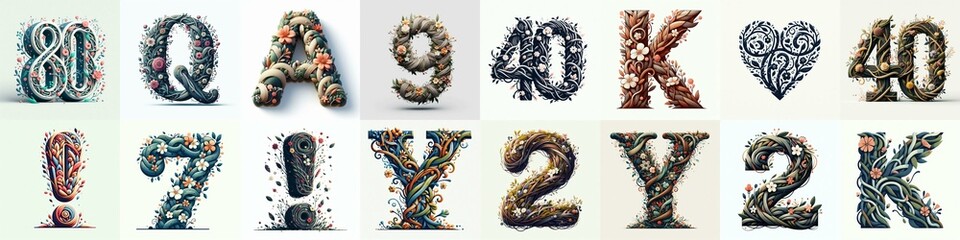 Branches and flowers spring Lettering Typeface. AI generated illustration