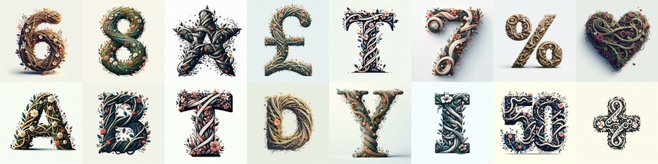Branches and flowers spring Lettering Typeface. AI generated illustration