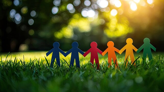 Colorful paper figures holding hands in a lush green field symbolize unity and friendship under warm sunlight.