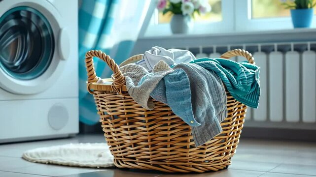 Organizing laundry day tips for a tidy home setting and efficient washing, featuring baskets and appliances