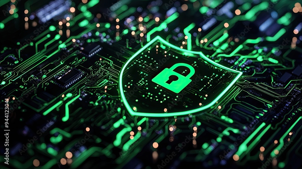 Aufkleber illustration of digital security with a green shield icon on a circuit board, symbolizing data prote