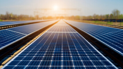 Expansive solar panels in an open field harness sunlight for clean and sustainable energy production.