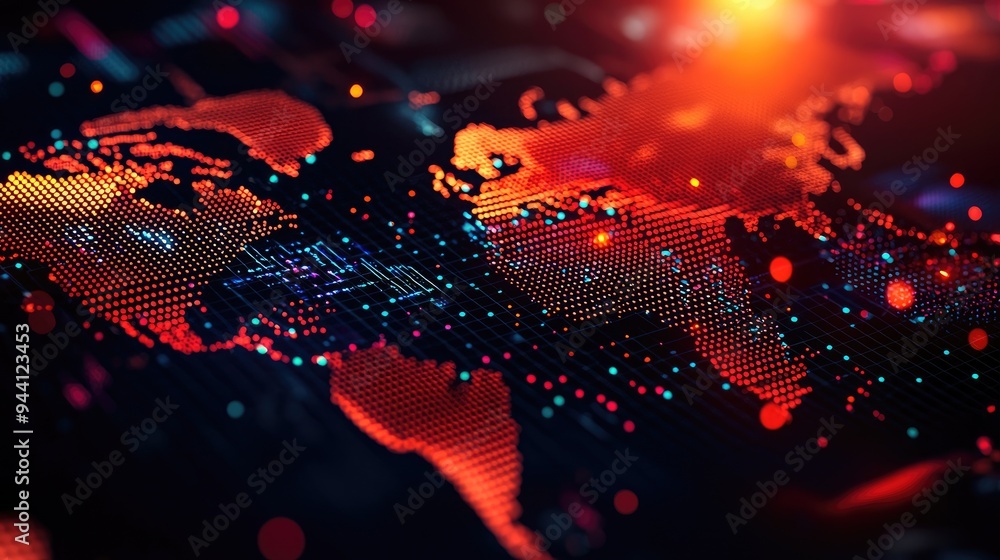 Poster vibrant digital world map with glowing dots and network lines, symbolizing global connectivity and t