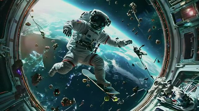 astronaut in playing skate board in space