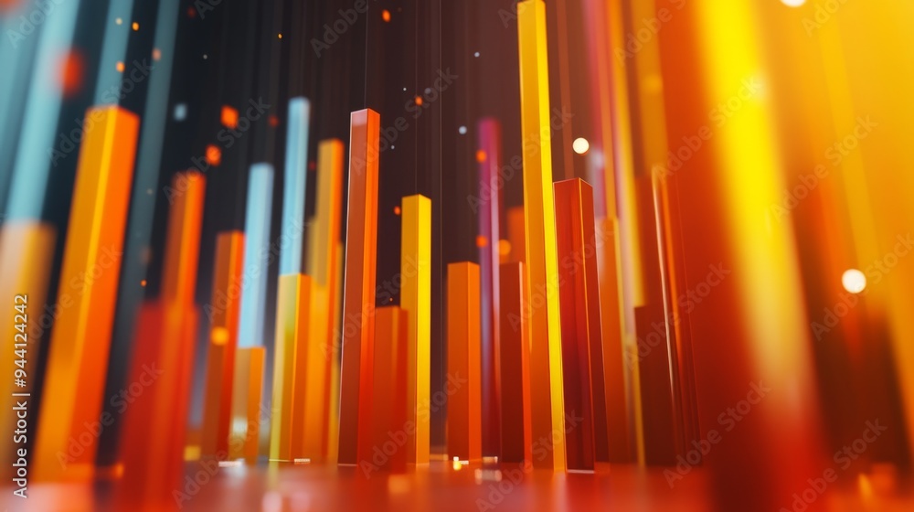 Poster a 3d column chart with animated bars rising and falling, representing business performance fluctuati