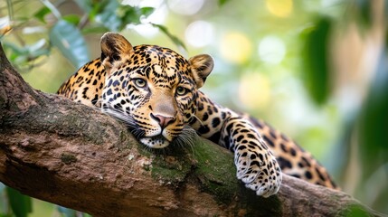 leopard lounging on a tree branch in a tropical rainforest