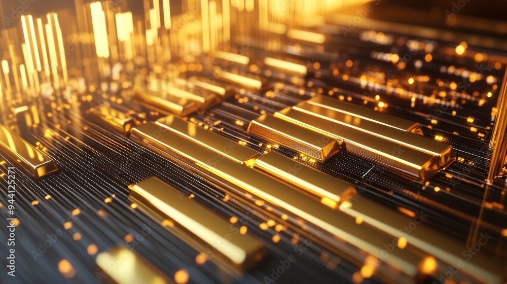 Poster a 3d gold chart showing the fluctuation of gold prices over time, with bars in varying shades of gol