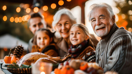 A happy family enjoying a Thanksgiving dinner outdoors, highlighting togetherness, love, and festive traditions with grandparents and children.