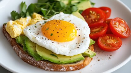 avocado toast with a poached egg and a side of fresh tomatoes, showcasing a balanced breakfast