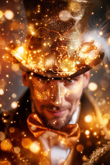 A man exudes charm in a sparkling top hat and bow tie, glowing with magical lights during a lively celebration at night, creating an enchanting atmosphere