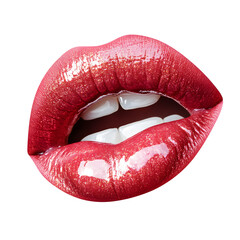 Obraz premium A PNG image with a transparent background showcasing glossy cherry red lips. The design is vibrant and sleek.