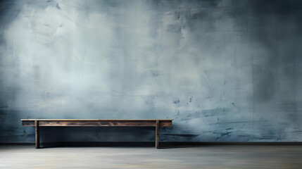Rustic Wooden Bench Against a Blue Textured Wall, Minimalist Background