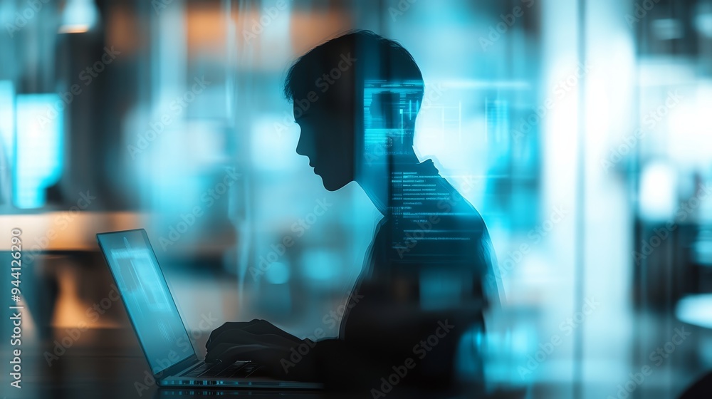Aufkleber Silhouette of a programmer working on a laptop in a high-tech environment with digital code floating around, focusing on cybersecurity.