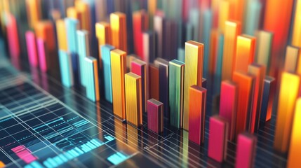 Obraz premium A 3D histogram displaying financial data distribution with bars of varying heights, set against a clean white background, illustrating the frequency and volume of financial transactions.