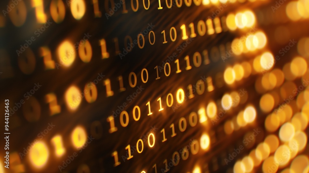Poster glowing binary code fills the frame, representing the complexities of digital technology and data pr