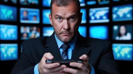 A businessman dressed in a suit intensely engages with his smartphone while surrounded by various screens showing news broadcasts in a modern office space, indicating an urgent situation