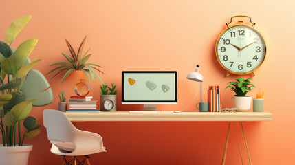 generated illustration of modern workspace concept: laptop computer with blank display screen.