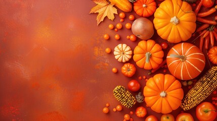 A vibrant collection of various pumpkins, gourds, and colorful autumn leaves is artistically arranged against a warm background, highlighting the beauty of fall and harvest season