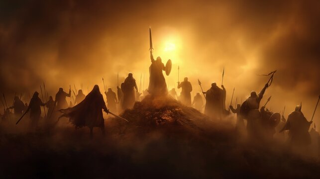 Silhouettes of armed warriors gather on a barren landscape as the sun sets, creating a dramatic atmosphere filled with tension and anticipation for an impending battle