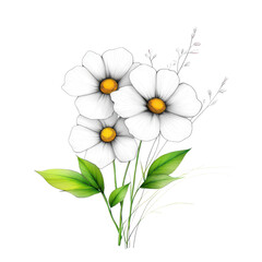Fototapeta premium A beautiful bouquet of white flowers with yellow centers, surrounded by lush green leaves, perfect for decoration.