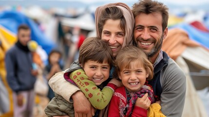 Refugee family reunited with loved ones at a camp, expressions of joy and relief, emotional embraces, sense of family bonds and resilience, temporary shelters and diverse backgrounds visible