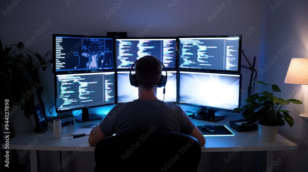 Poster a focused programmer sits in an ergonomic chair, surrounded by several screens filled with code, imm