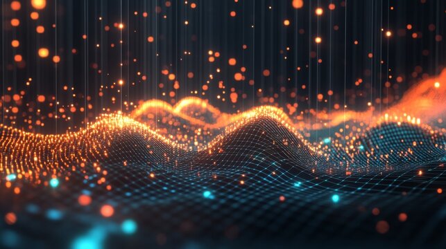 A 3D scatter plot with floating data points and a grid background, highlighting key business data and correlations with a high-tech look.
