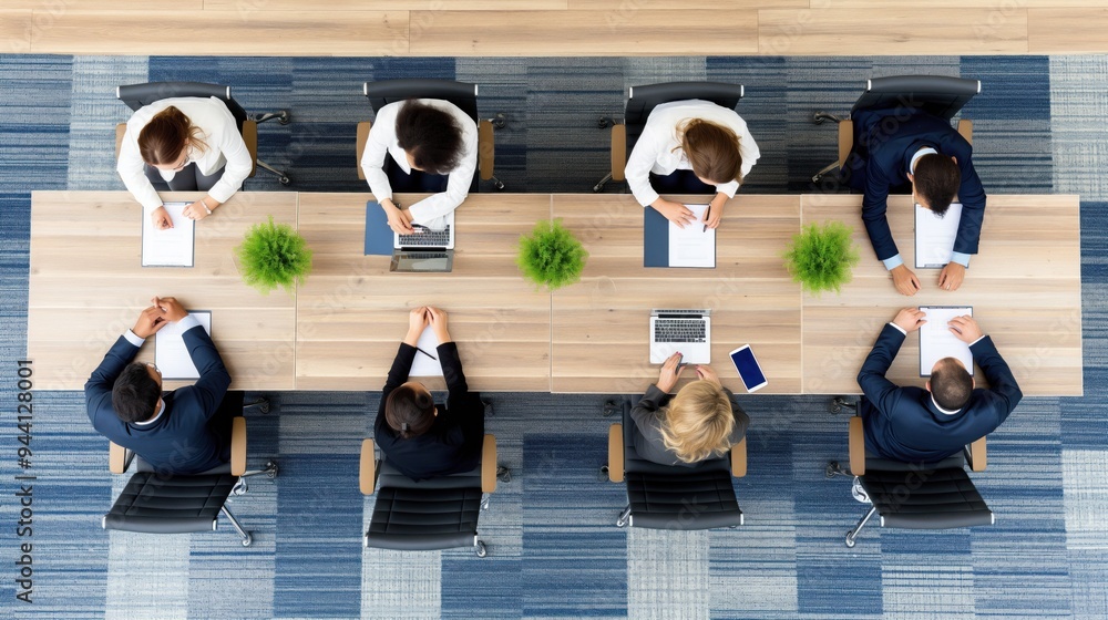 Poster a team of professionals collaborates on project planning, with laptops and documents in front of the