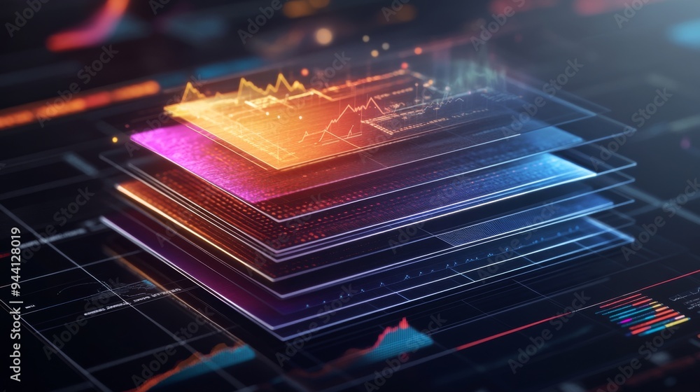 Aufkleber A 3D stacked area chart with multiple layers, each layer in different shades, showing detailed business data and trends in a visually striking manner.