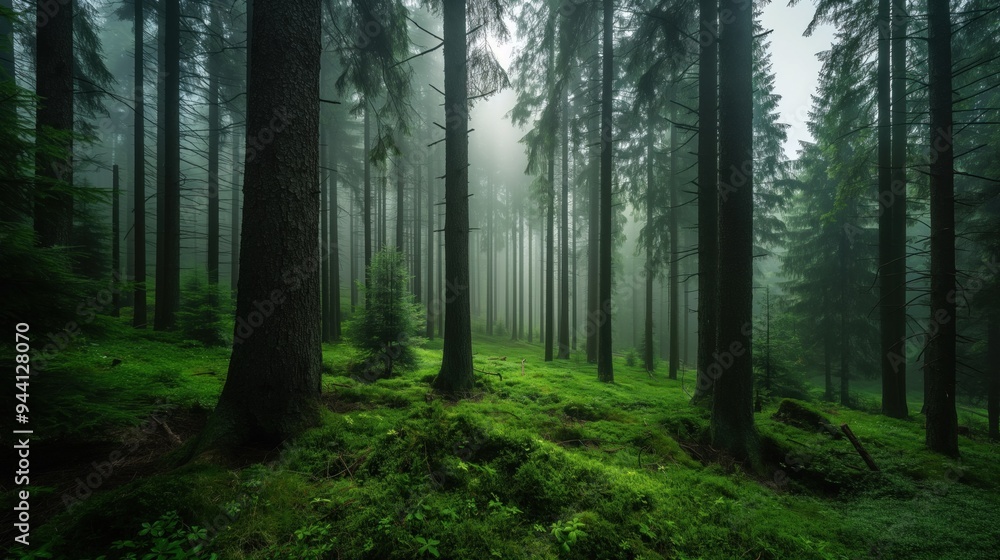 Poster sunlight filters through the dense trees in a serene forest, creating a mystical atmosphere with fog