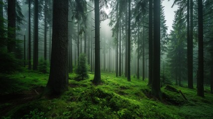 Fototapeta premium Sunlight filters through the dense trees in a serene forest, creating a mystical atmosphere with fog and vibrant green moss covering the ground