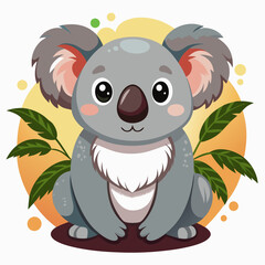 Obraz premium Adorable Cartoon Koala with Large Eyes and Green Leaves