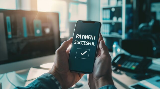 A person holds a smartphone displaying a successful payment confirmation message in an office setting