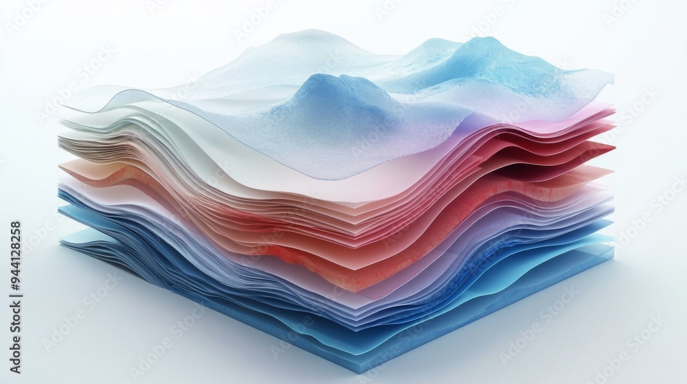 Aufkleber A 3D stacked area chart with multiple layers, each layer in different shades, showing detailed business data and trends in a visually striking manner.