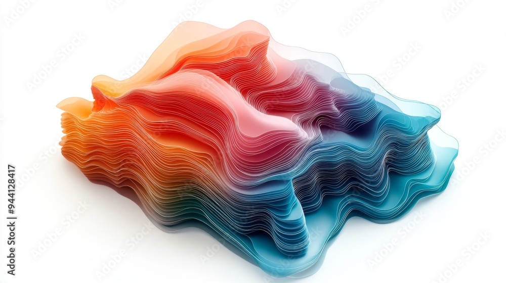 Poster A 3D stacked area chart with multiple layers, each layer in different shades, showing detailed business data and trends in a visually striking manner.