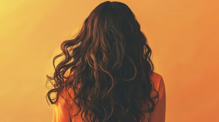 Naklejka premium A back view of a woman with thick, curly long hair cascading down her back, framed by a bright and simple background.