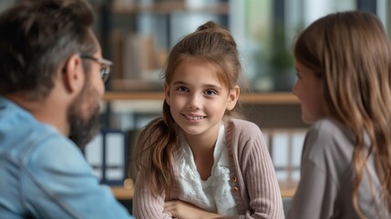 Migrant family receiving legal advice from an attorney, expressions of concern and hope, sense of guidance and protection, office setting with legal books and documents