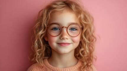 Obraz premium A young girl with curly hair and glasses is smiling at the camera