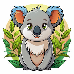 Cartoon Koala Bear Sitting in a Circle of Green Leaves