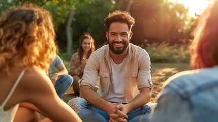 A group of friends enjoys a laid-back gathering in a peaceful outdoor area, sharing smiles and laughter as the sun sets, creating a cozy and relaxed ambiance