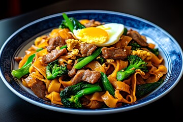 A colorful plate of Pad See Ew with wide rice noodles stir-fried with Chinese broccoli, eggs, and tender beef