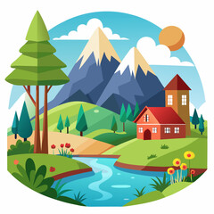 Fototapeta premium A Picturesque Mountain Landscape with a Stream and a House