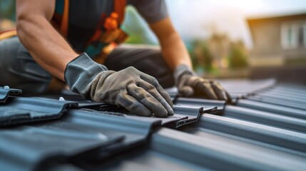 Roofer replacing damaged shingles on a house roof, securing new materials to protect the home from weather elements and improve its structural integrity