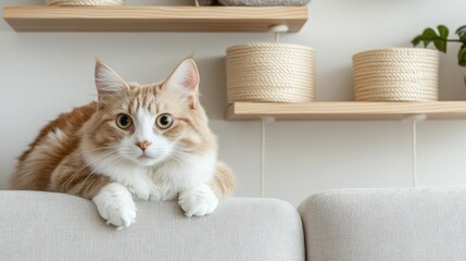 Cat climbing on built-in wall shelves in a stylish, pet-friendly living room