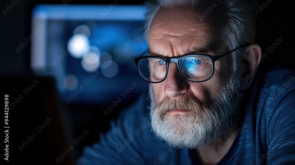 Poster An elderly man concentrates on his computer screen, illuminated by soft light in a darkened room late at night while engaged in an undefined task