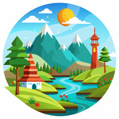 Mountain Landscape with River, Temple, and Lighthouse