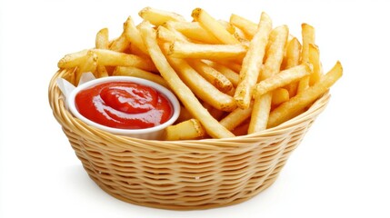 A basket of golden French fries, perfectly crisp and hot, served with a side of ketchup, isolated on a white background for a clean, mouth-watering presentation.