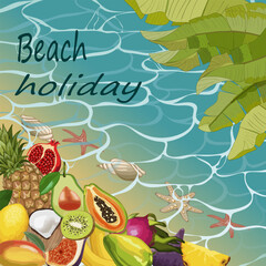 Exotic fruits and sea in illustration.Vector illustration with text and tropical fruits on the background of the sea.